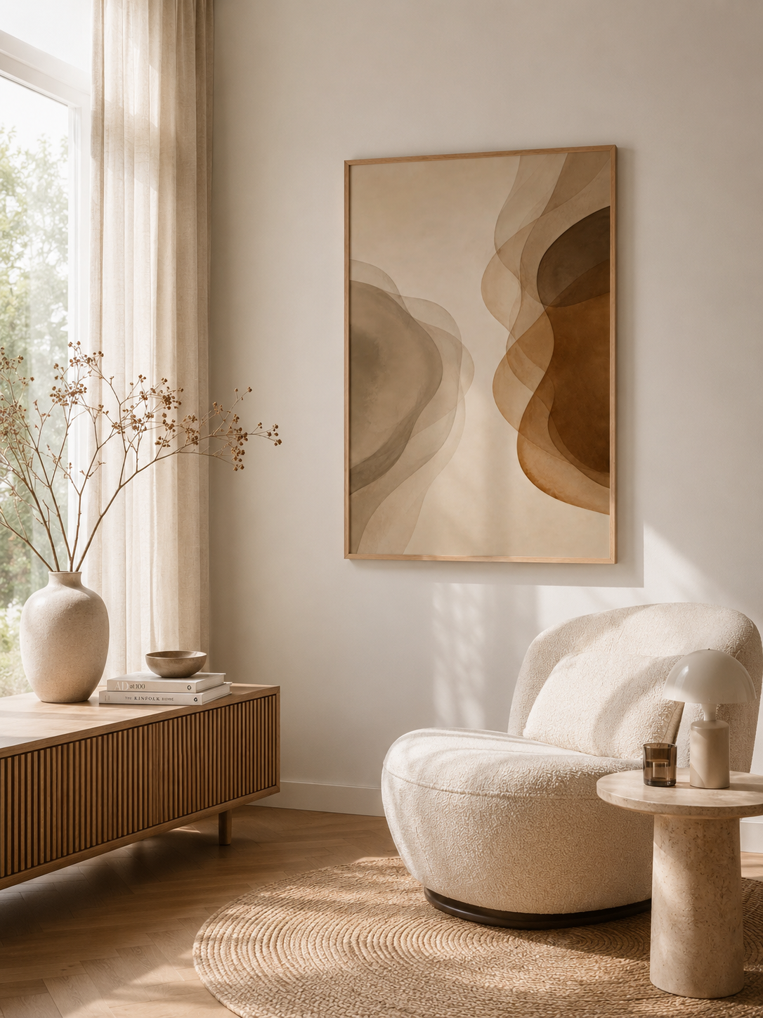 Misty Veil neutral abstract poster styled in a cozy reading nook with a lounge chair and soft natural light.
