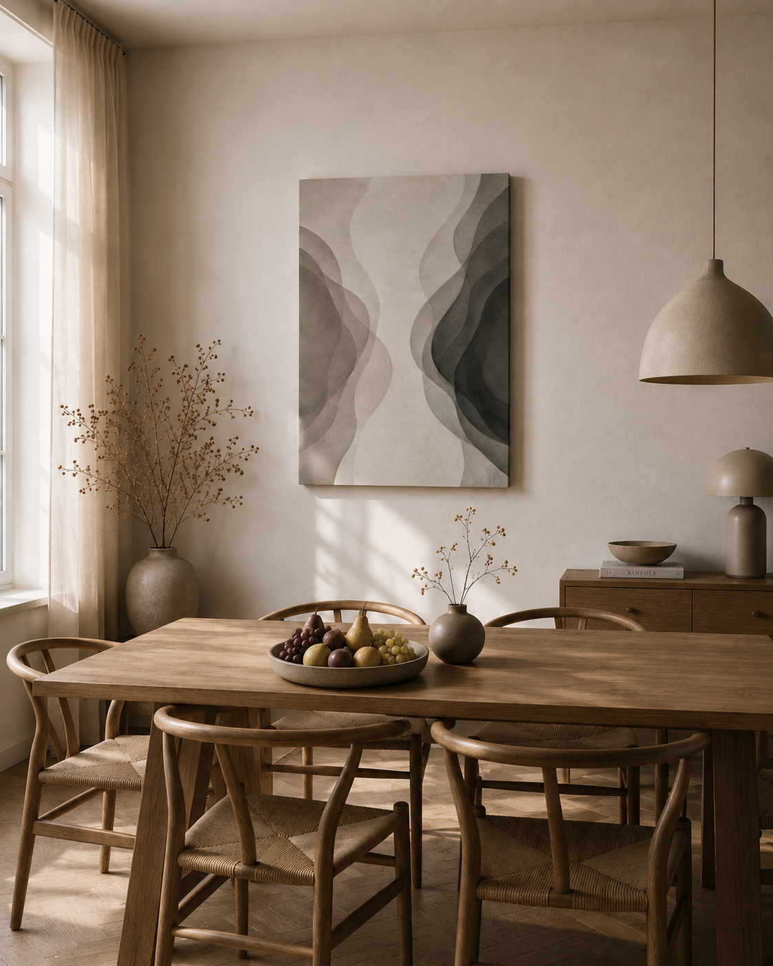 Neutral abstract canvas wall art displayed in a luxurious spa-inspired bathroom interior.