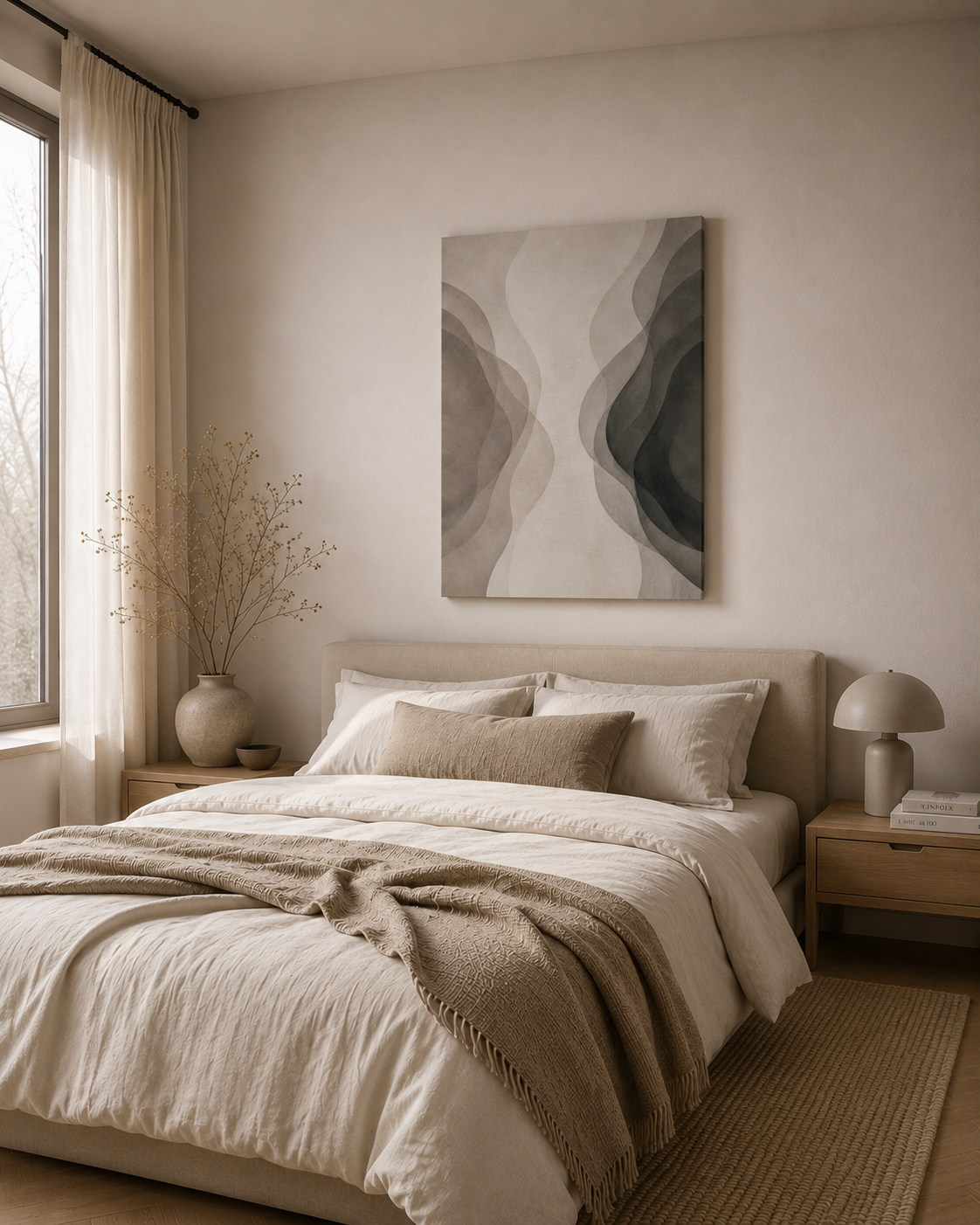 Large neutral abstract canvas wall art styled in a bright modern dining room with natural wood furniture.
