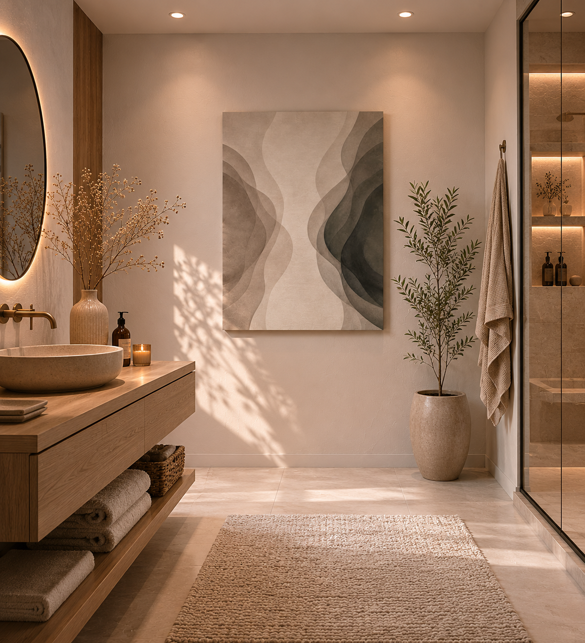 Minimalist neutral abstract canvas decorating a modern hallway with warm wood and beige accents.