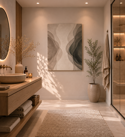 Minimalist neutral abstract canvas decorating a modern hallway with warm wood and beige accents.