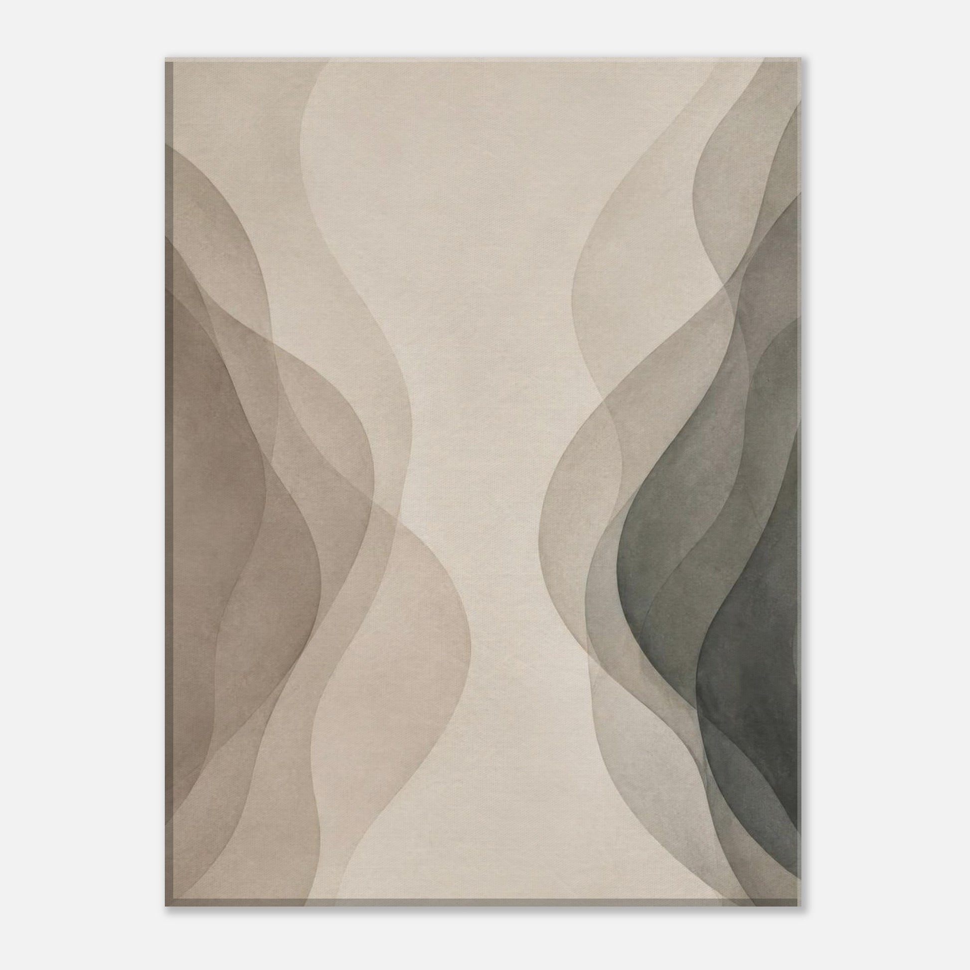 Close-up front view of neutral abstract canvas artwork with layered organic wave shapes in soft earth tones.
