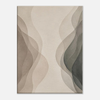 Close-up front view of neutral abstract canvas artwork with layered organic wave shapes in soft earth tones.
