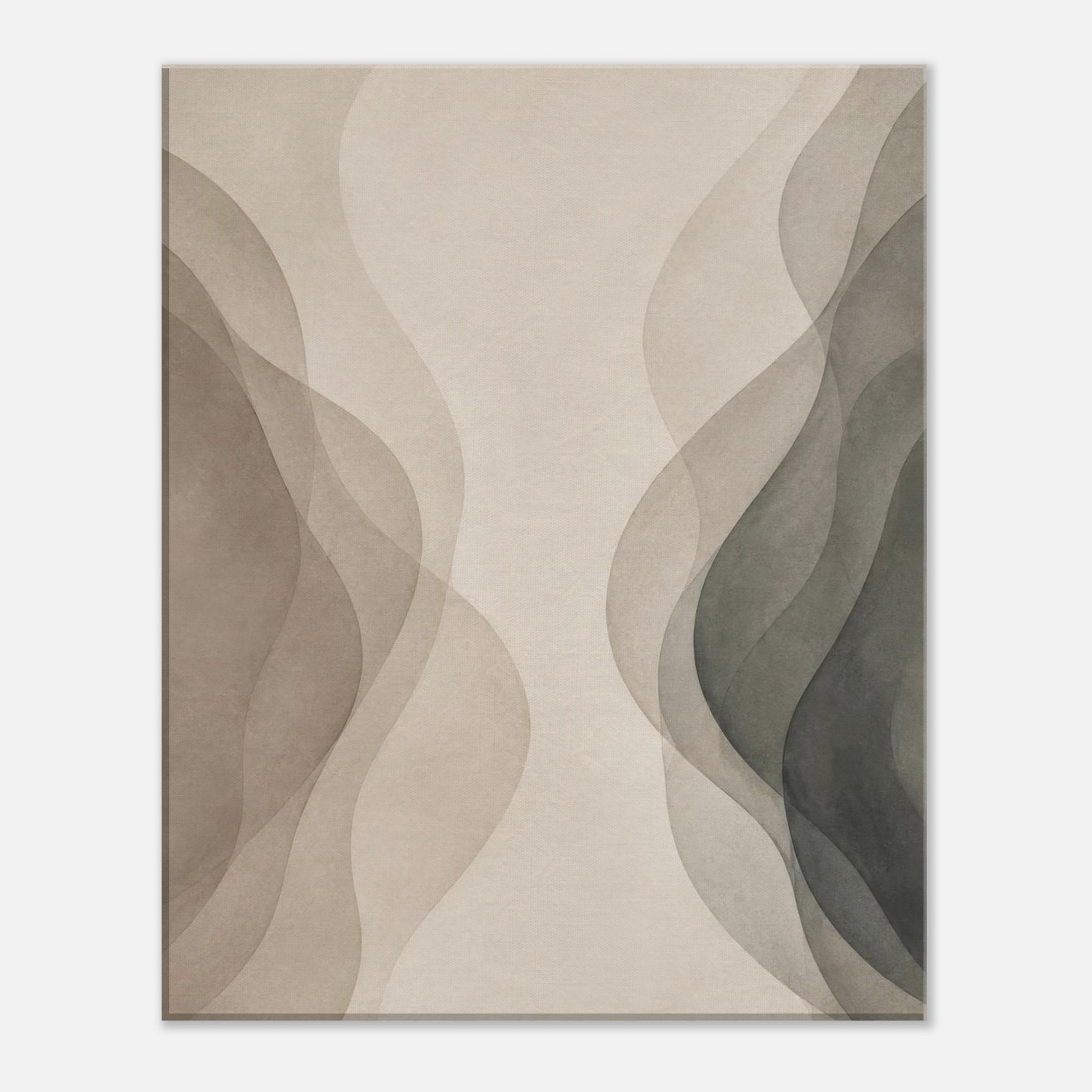 Detailed view of minimalist neutral canvas art showing translucent overlapping abstract curves and textures.