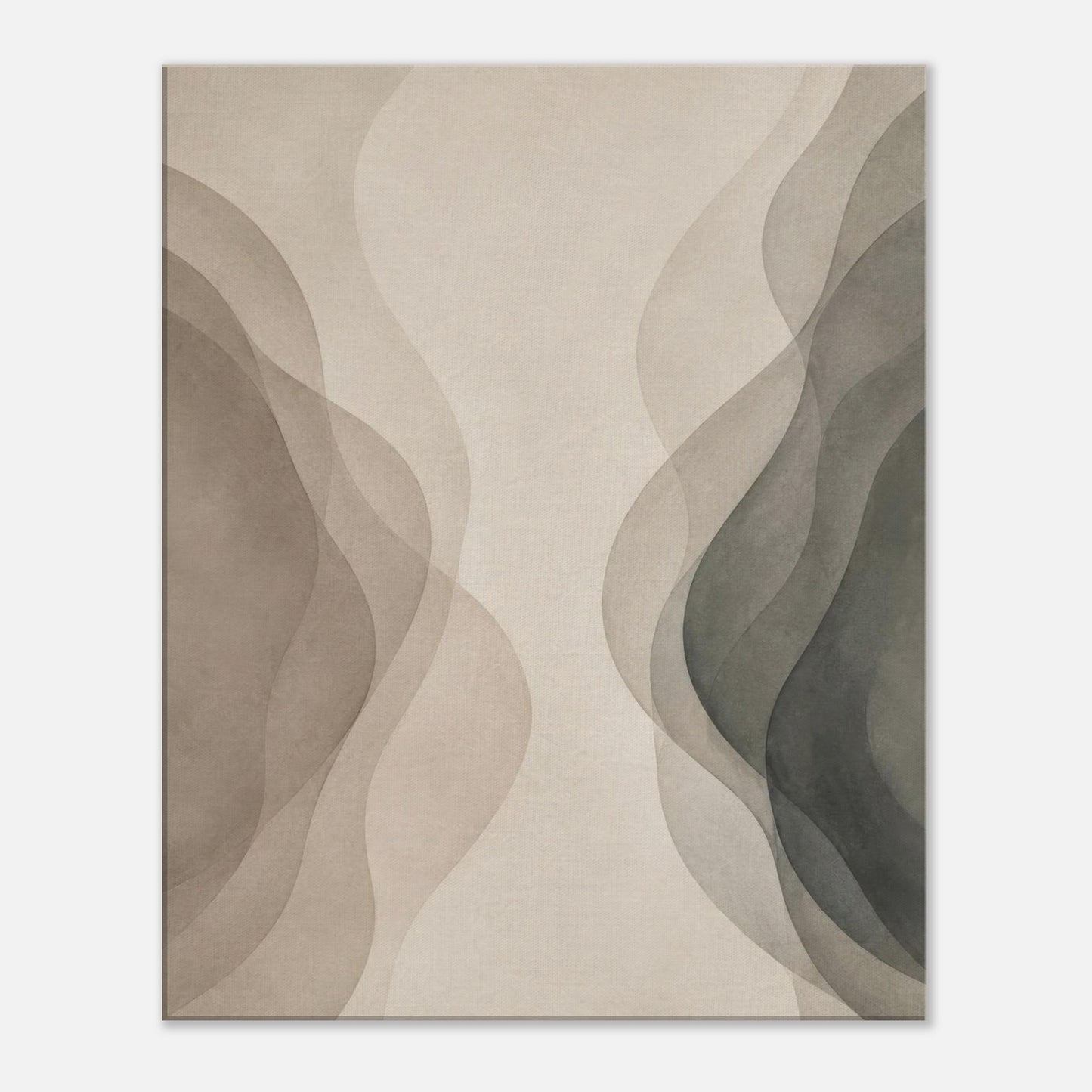 Neutral abstract canvas wall art featuring flowing beige and charcoal translucent forms on a minimalist background.