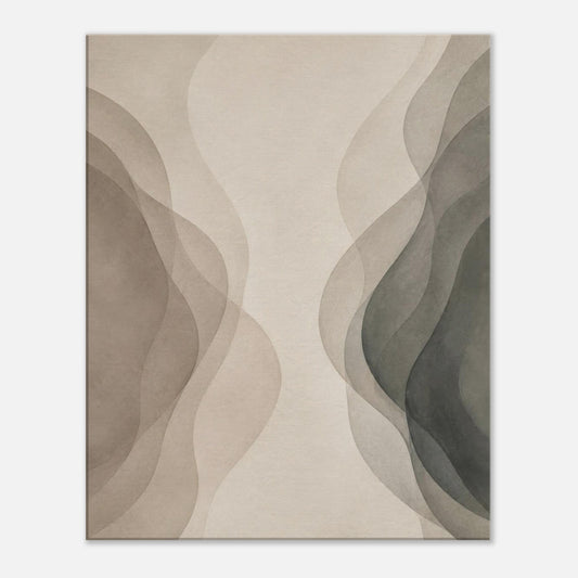 Neutral abstract canvas wall art featuring flowing beige and charcoal translucent forms on a minimalist background.