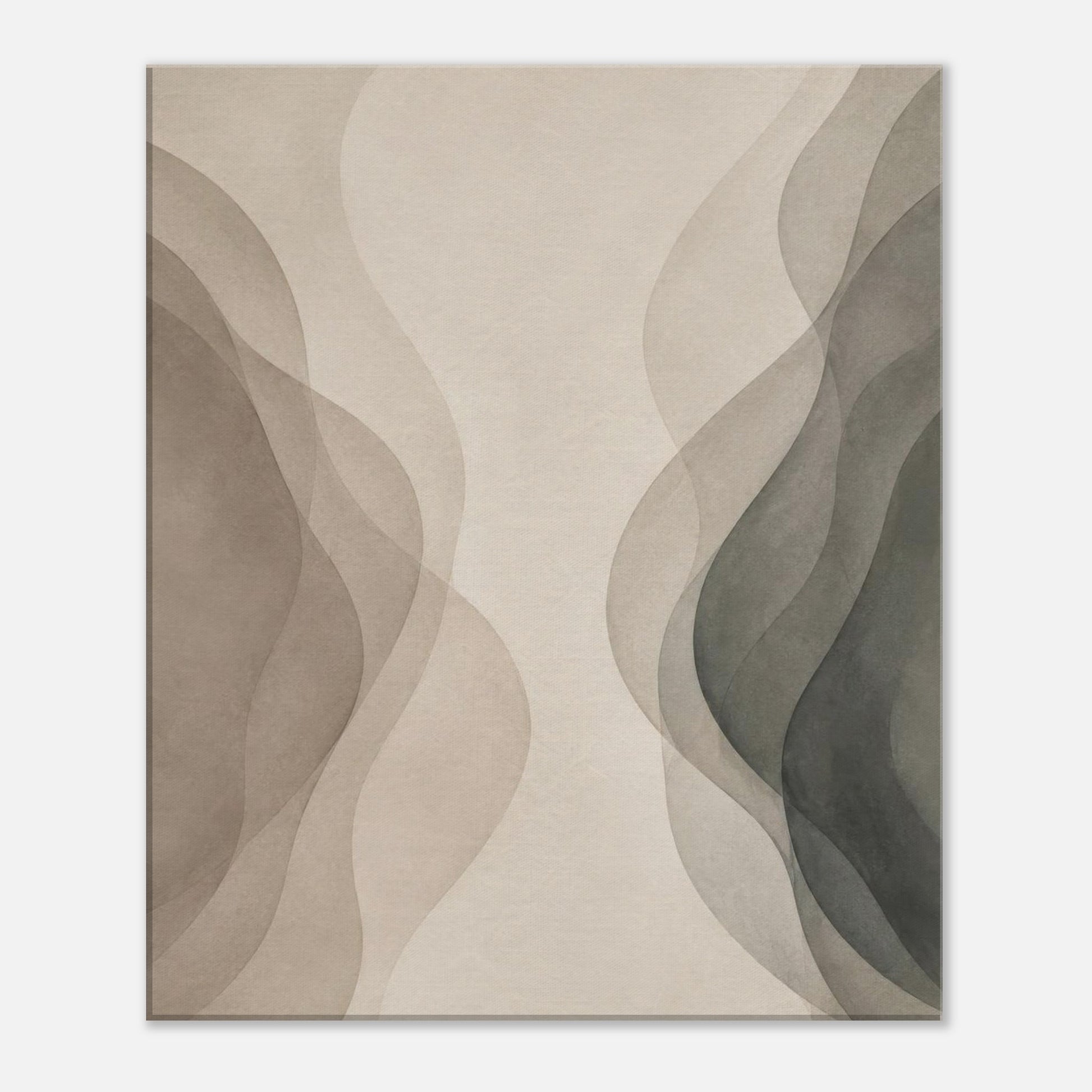 Neutral abstract canvas print with soft flowing shapes and subtle layered texture in beige and grey tones.