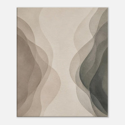 Neutral abstract canvas print with soft flowing shapes and subtle layered texture in beige and grey tones.