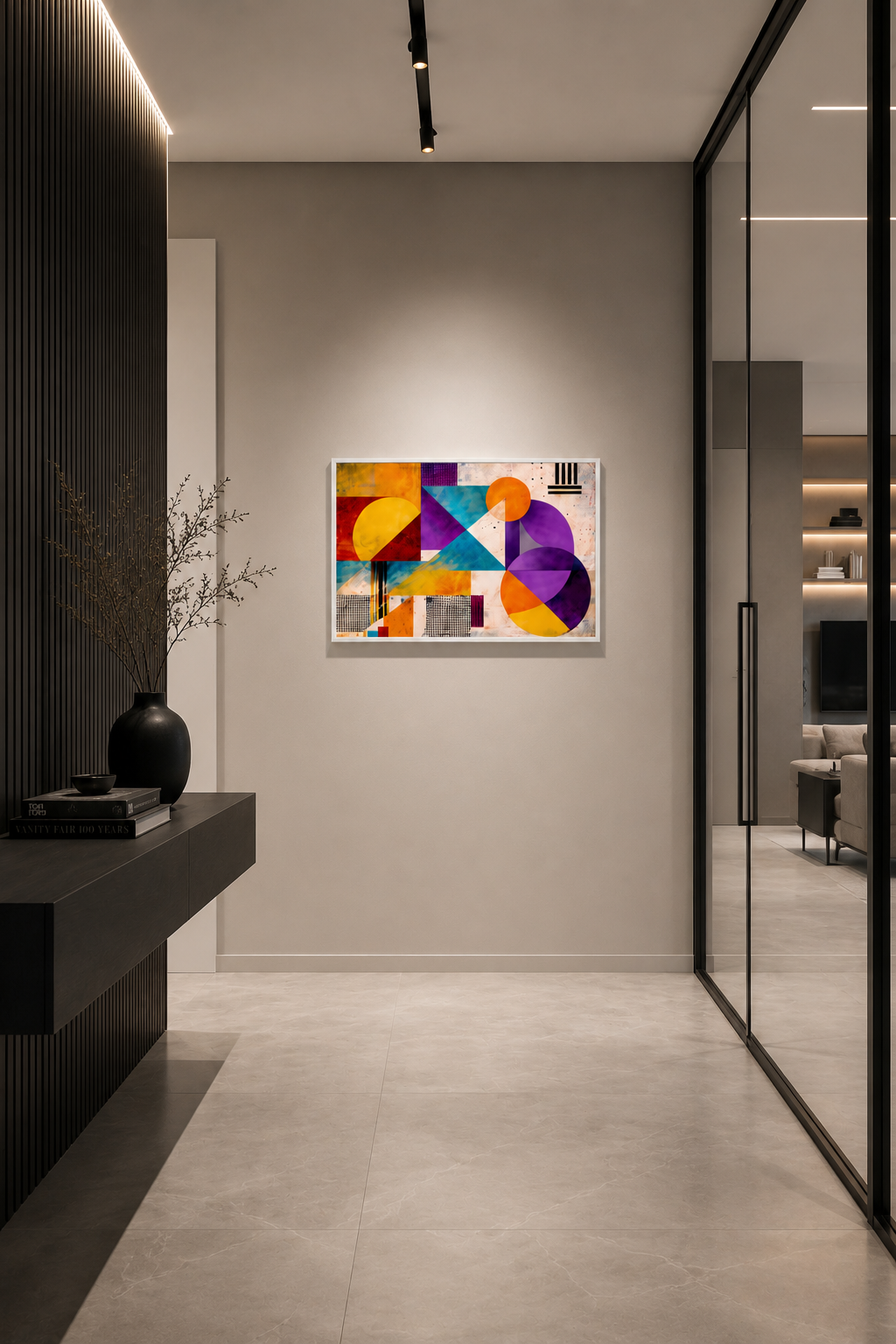 Modern geometric abstract poster with white frame displayed in minimalist hallway interior with dark wood accents and glass partition