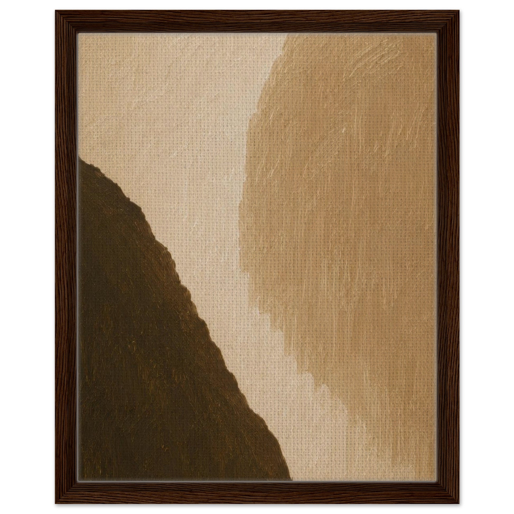 Modern abstract artwork with bold tan and dark brown shapes in a dark wood frame