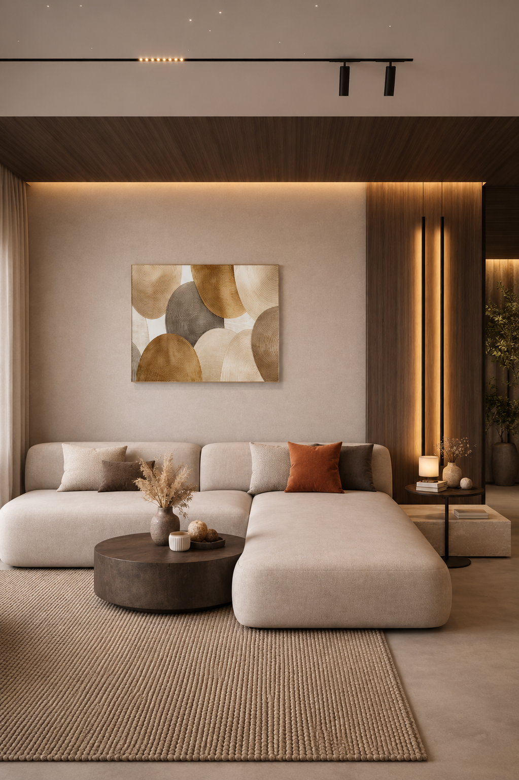 Minimalist lounge interior with beige sectional sofa and abstract neutral canvas wall art