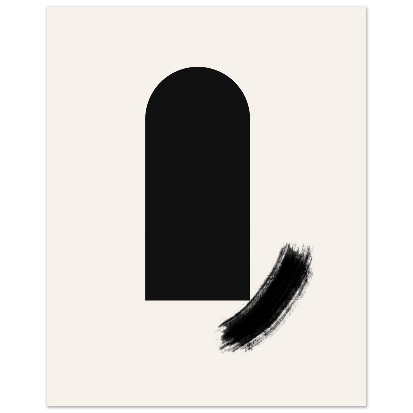Modern abstract poster featuring a bold black arch and brush stroke in Scandinavian Japandi style.