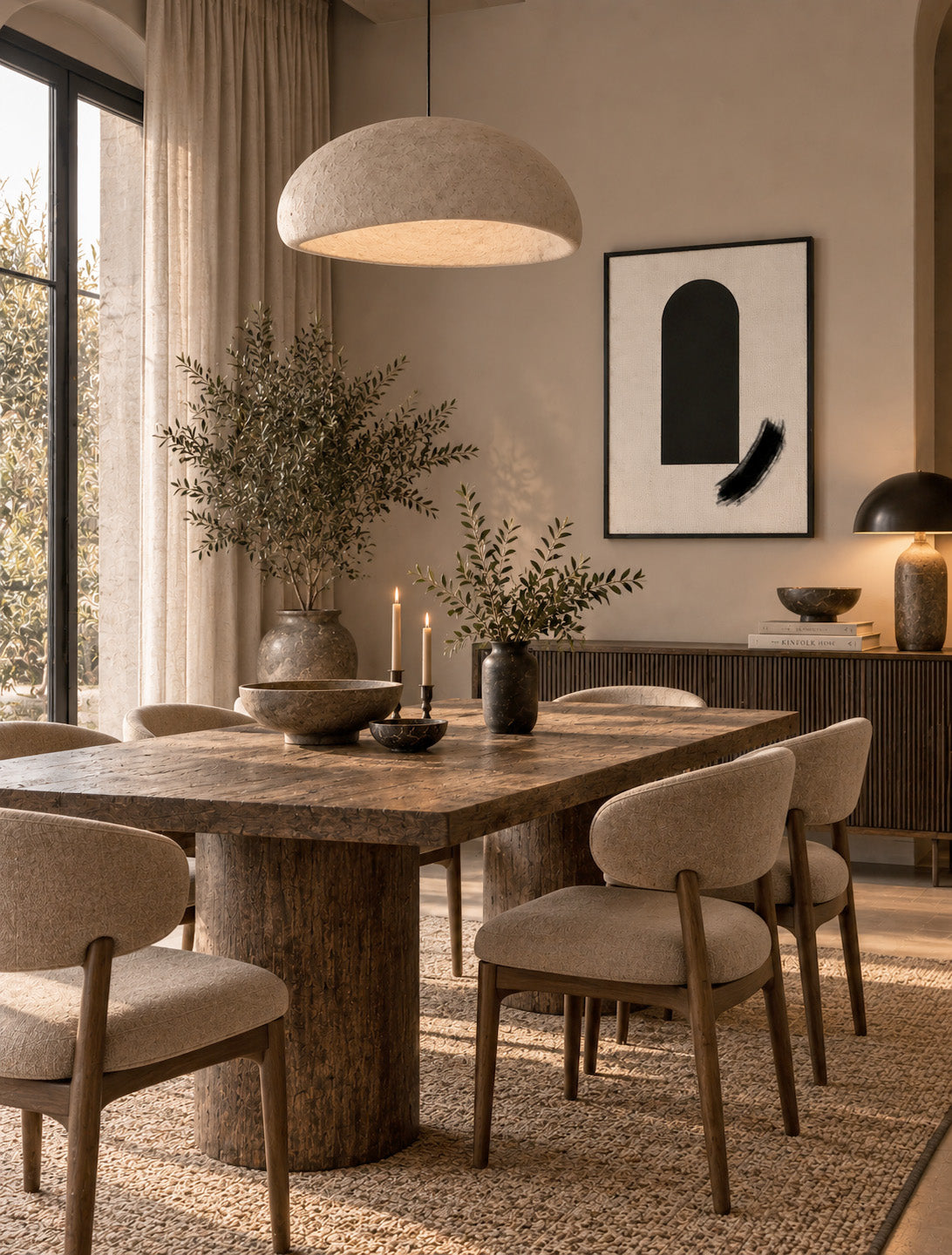 Modern black arch wall art styled in a sophisticated neutral dining room