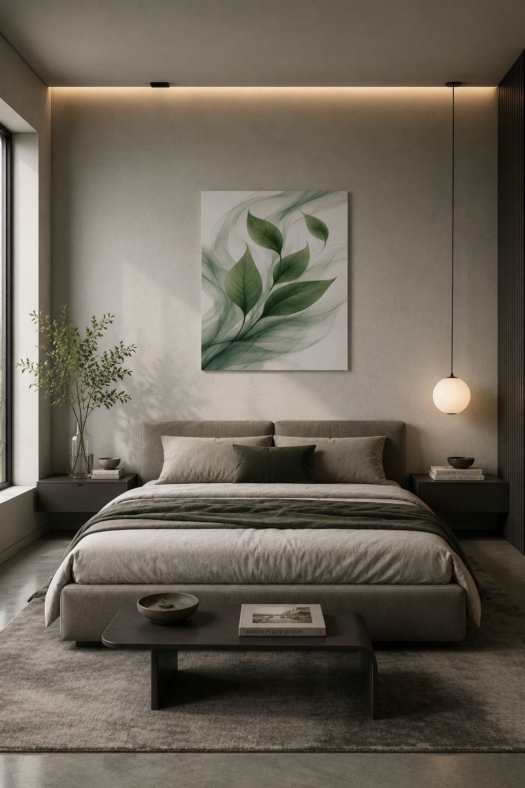 Contemporary bedroom mockup featuring green leaf canvas wall art above the bed in a neutral modern interior.