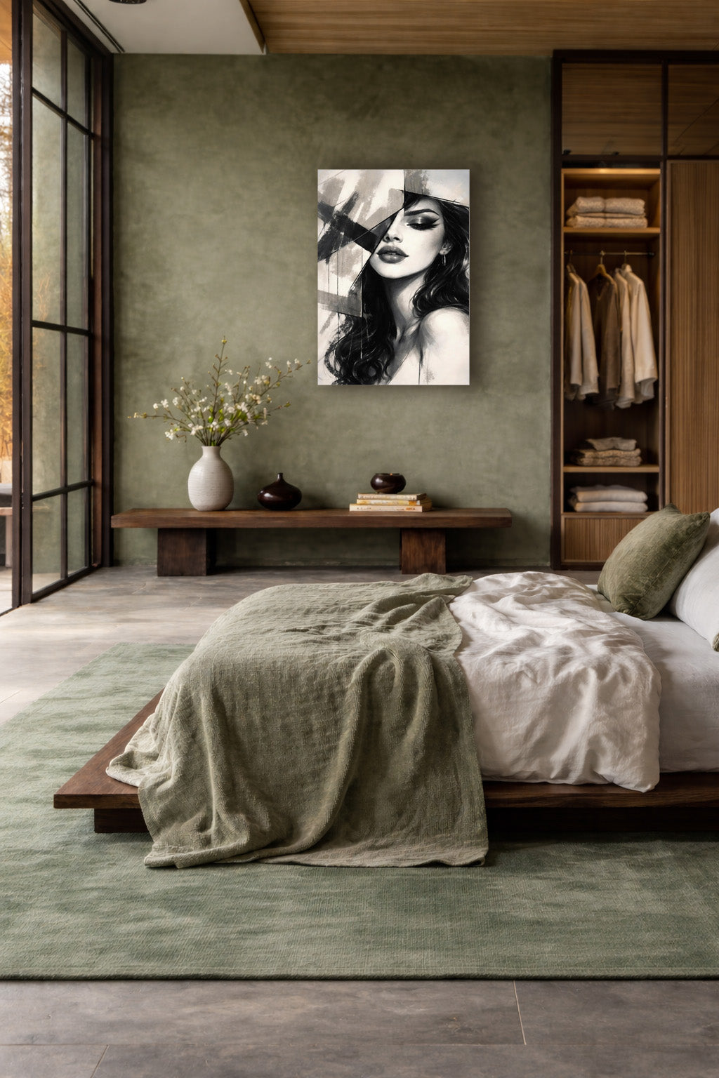 Modern bedroom interior with neutral tones featuring a black and white woman portrait poster above a low platform bed with green bedding and minimalist decor.