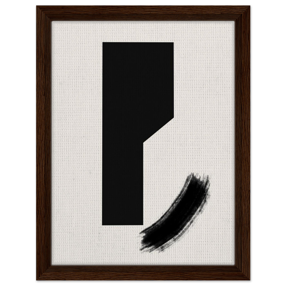Modern black brush artwork with bold geometric composition in dark wood frame