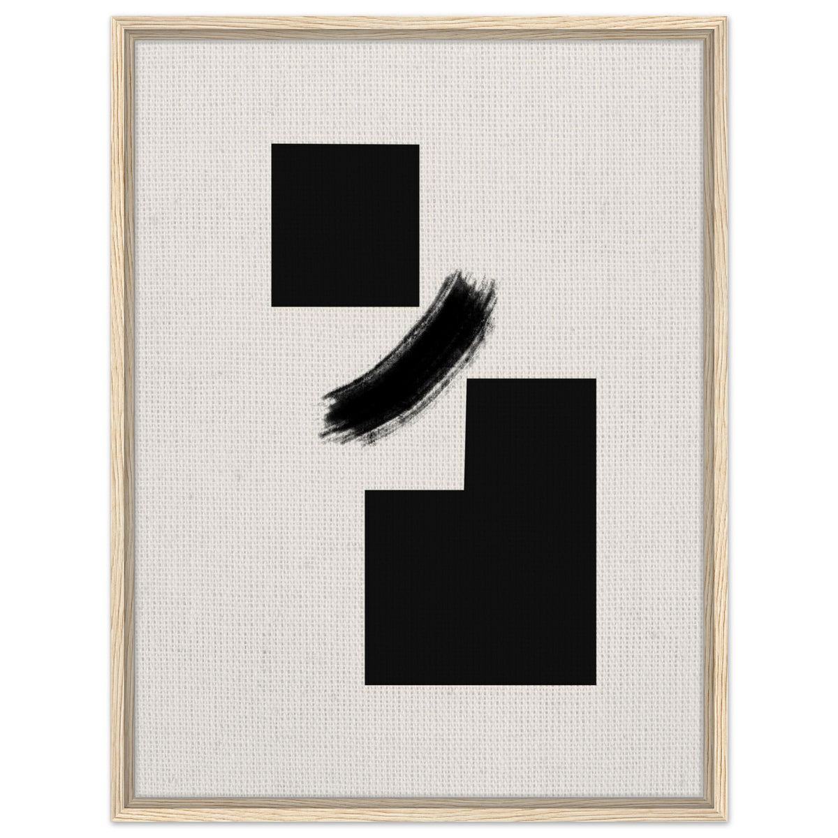 Modern black abstract shapes with a curved brushstroke in natural wood frame