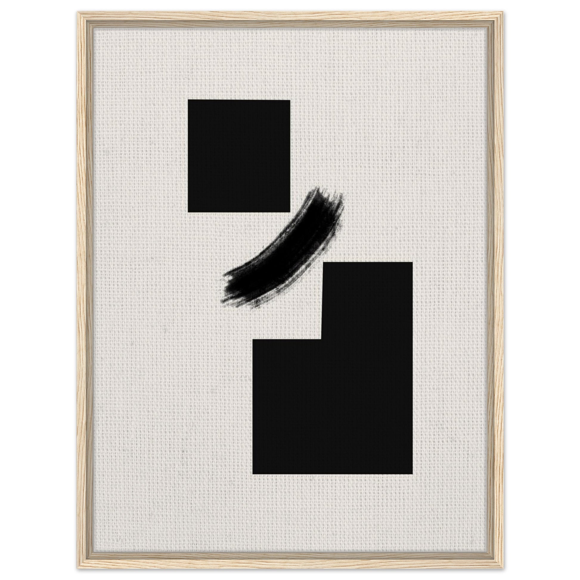 Modern black abstract shapes with a curved brushstroke in natural wood frame