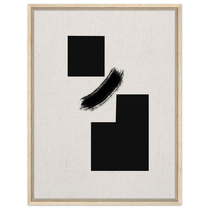 Modern black abstract shapes with a curved brushstroke in natural wood frame