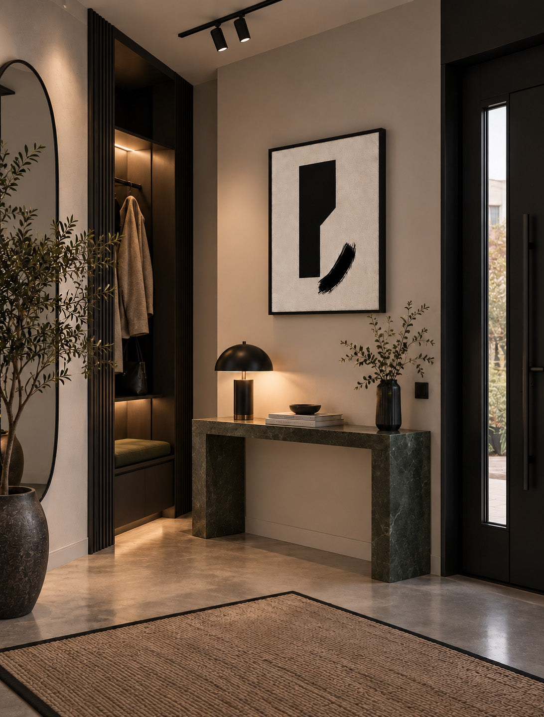 Modern black and white wall art styled in an elegant minimalist entryway