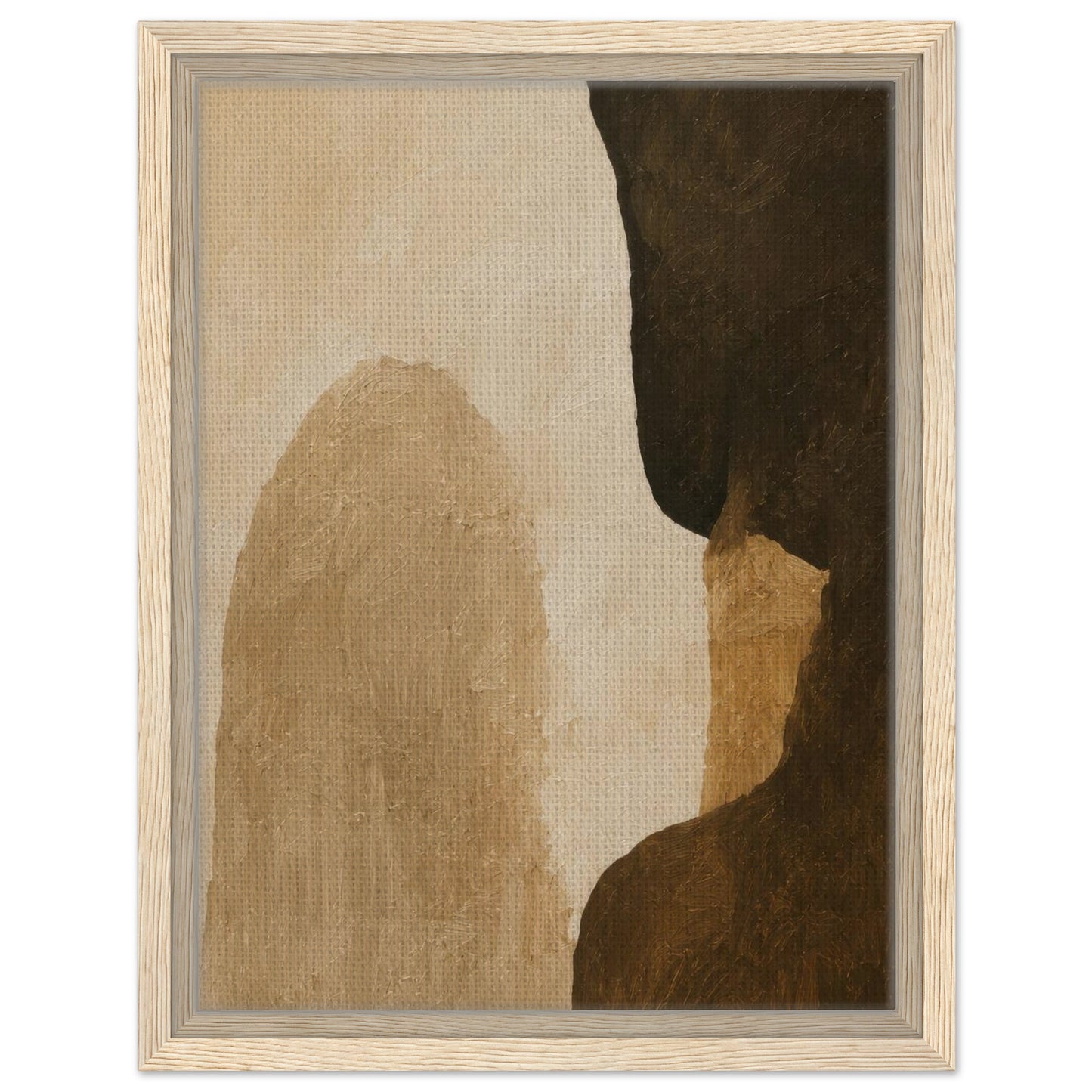 Modern brown abstract artwork with sculptural shapes in a light wood frame