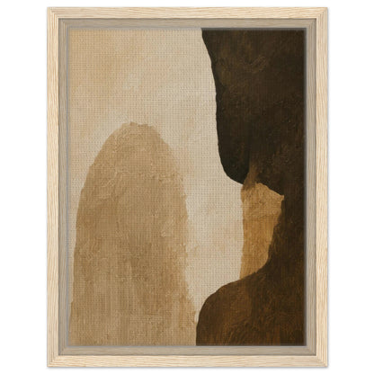 Modern brown abstract artwork with sculptural shapes in a light wood frame