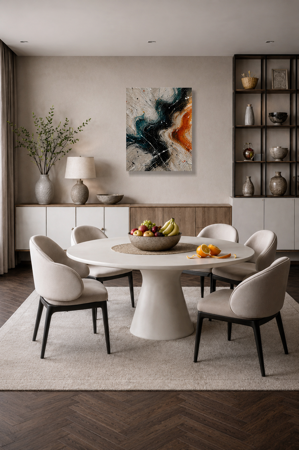 Modern abstract canvas wall art in teal, black and burnt orange tones displayed in a minimalist dining room with round white table and neutral furnishings.