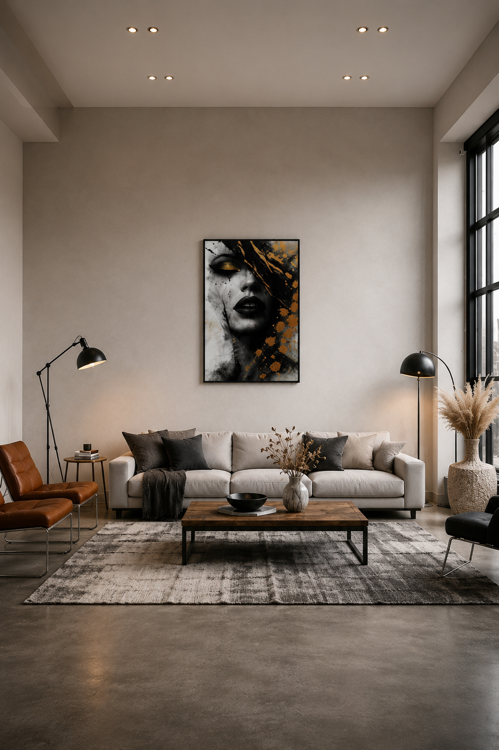 Modern minimalist living room with concrete flooring, neutral sofa and black and gold abstract portrait wall art in a black frame
