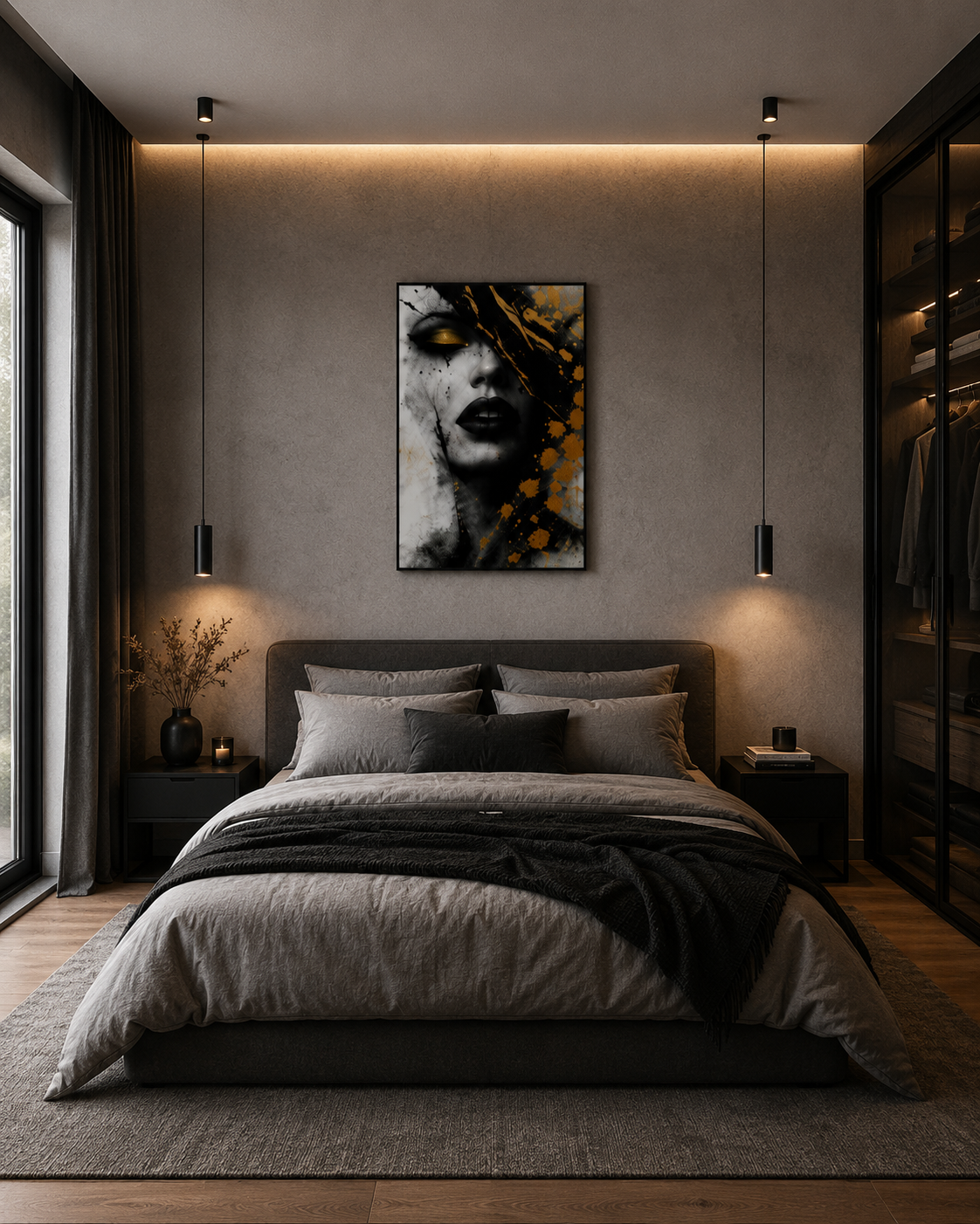 Modern dark bedroom with warm ambient lighting and black and gold abstract portrait artwork displayed above the bed in a black frame.
