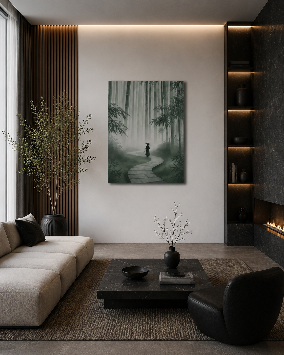 Modern luxury living room with dark accents, fireplace and bamboo forest canvas wall art