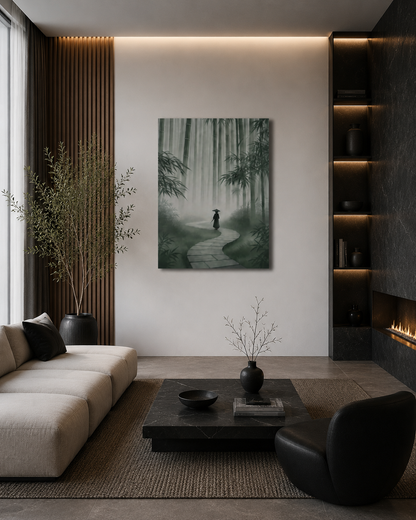 Modern luxury living room with dark accents, fireplace and bamboo forest canvas wall art