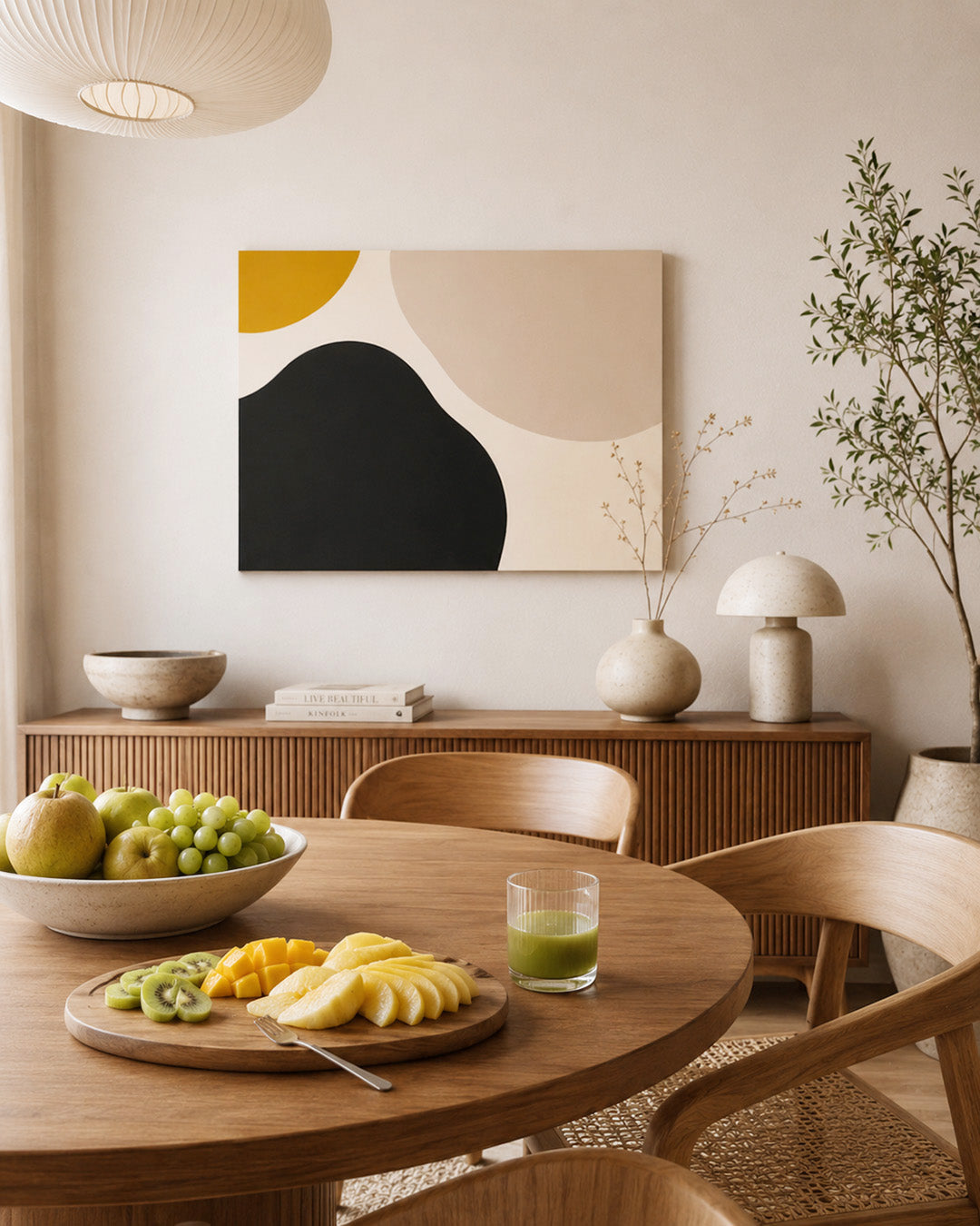 Modern minimalist canvas art in Scandinavian dining room interior