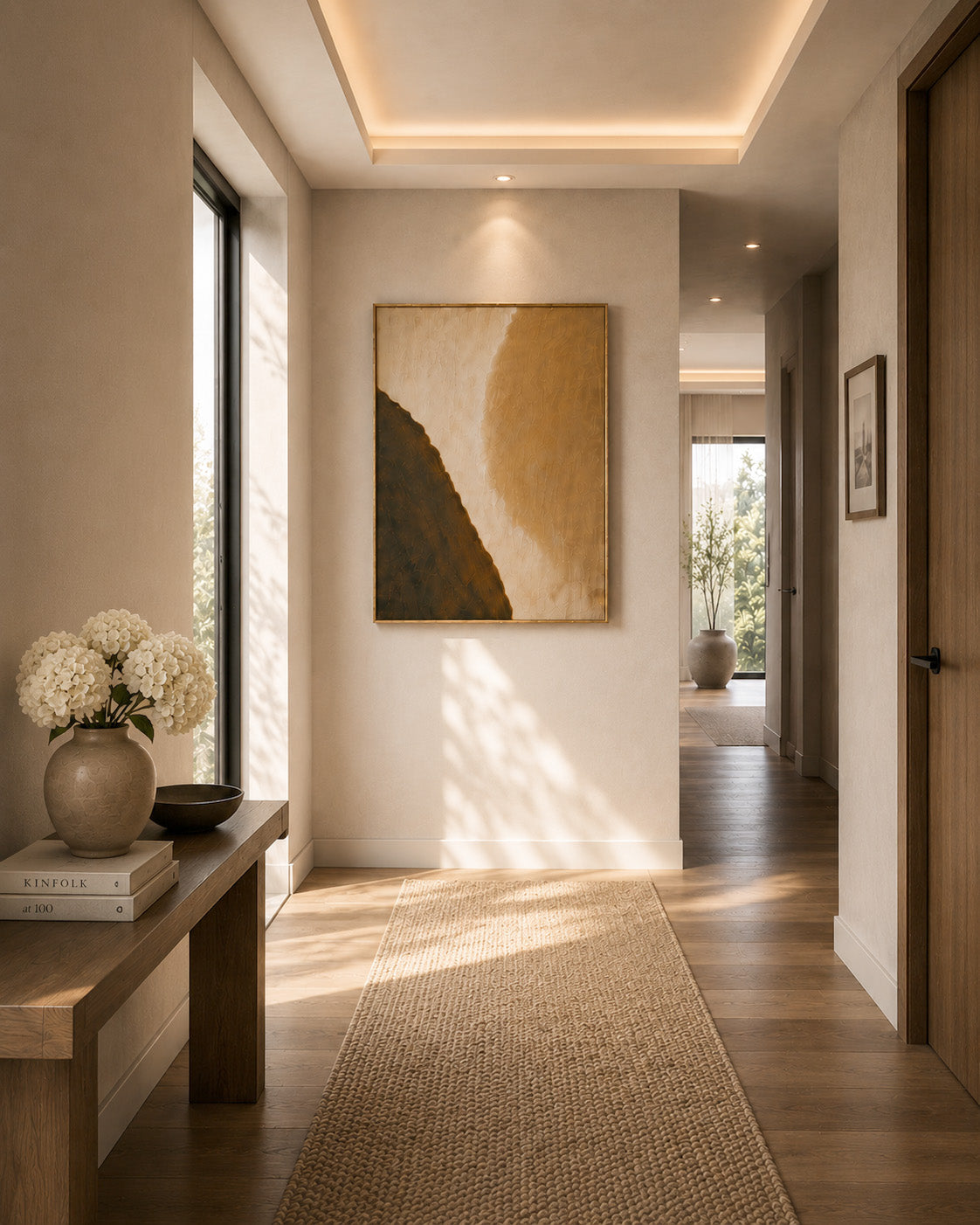 Modern earthy abstract art displayed in a bright minimalist hallway