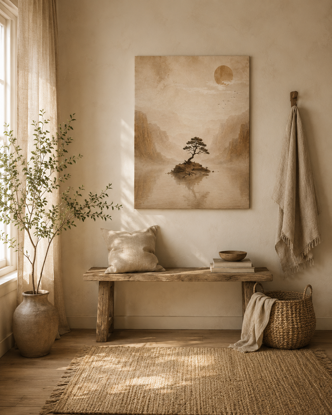 Landscape canvas hanging above a wooden bench in a warm minimalist entryway with natural textures.