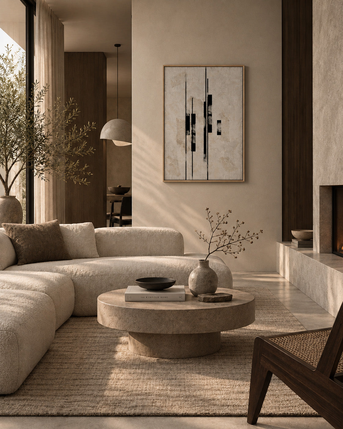 Modern geometric wall art displayed in a warm minimalist living room