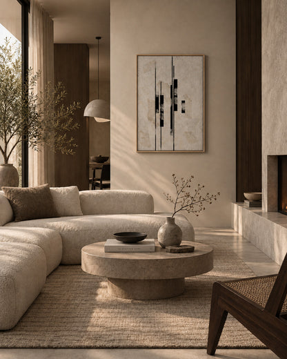 Modern geometric wall art displayed in a warm minimalist living room