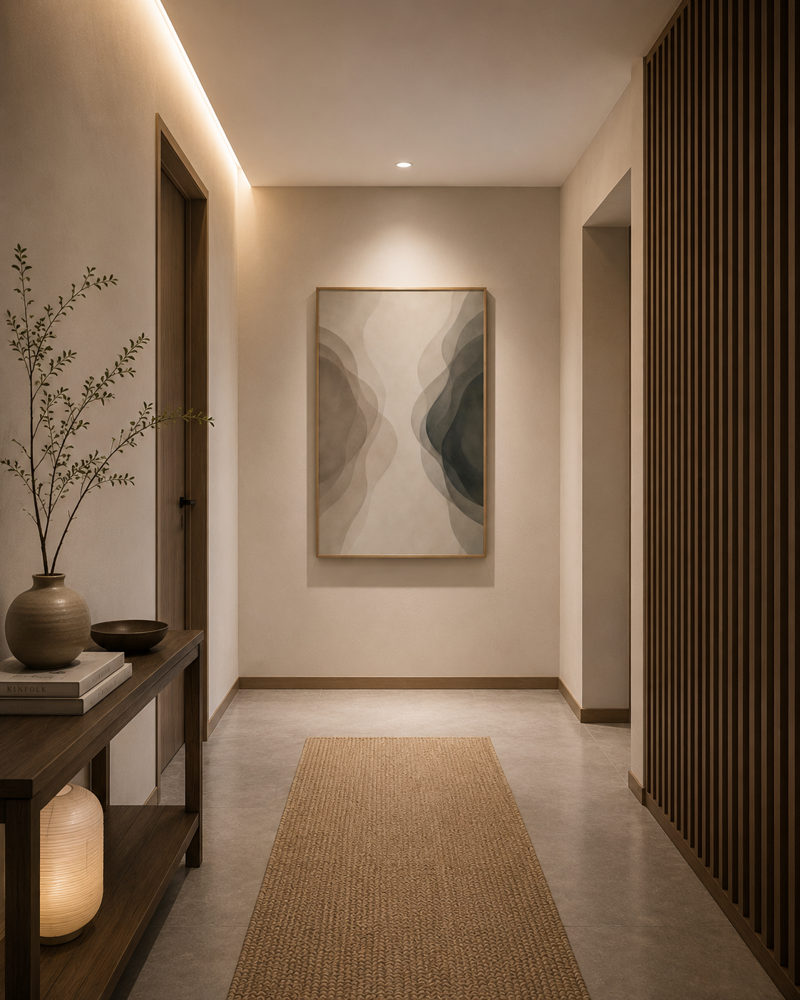 Large neutral abstract poster displayed at the end of a modern minimalist hallway.