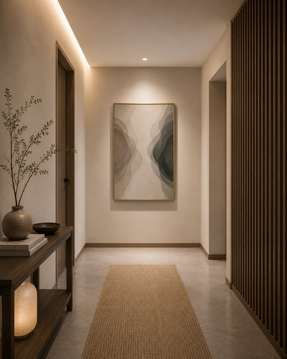 Large neutral abstract poster displayed at the end of a modern minimalist hallway.