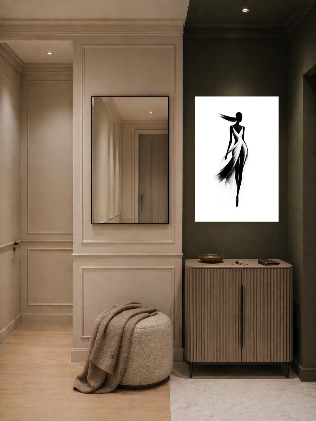 Fashion sketch wall art displayed above a wooden desk in a warm minimalist home office with built-in shelves.