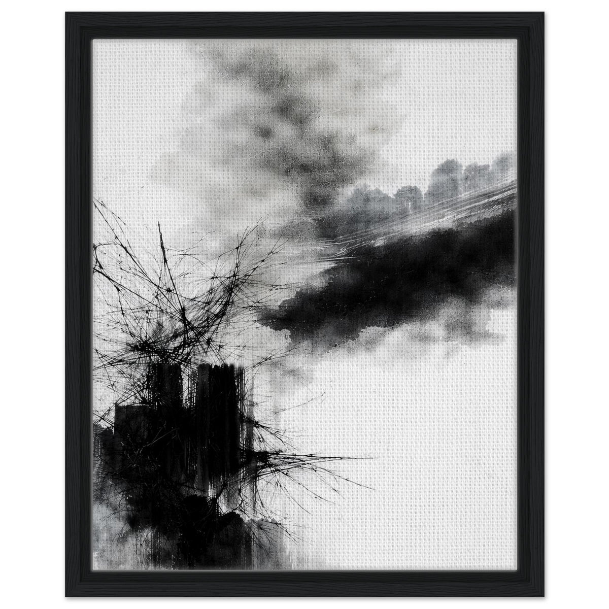 Modern ink painting with expressive monochrome forms in a dark wood frame