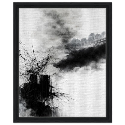 Modern ink painting with expressive monochrome forms in a dark wood frame