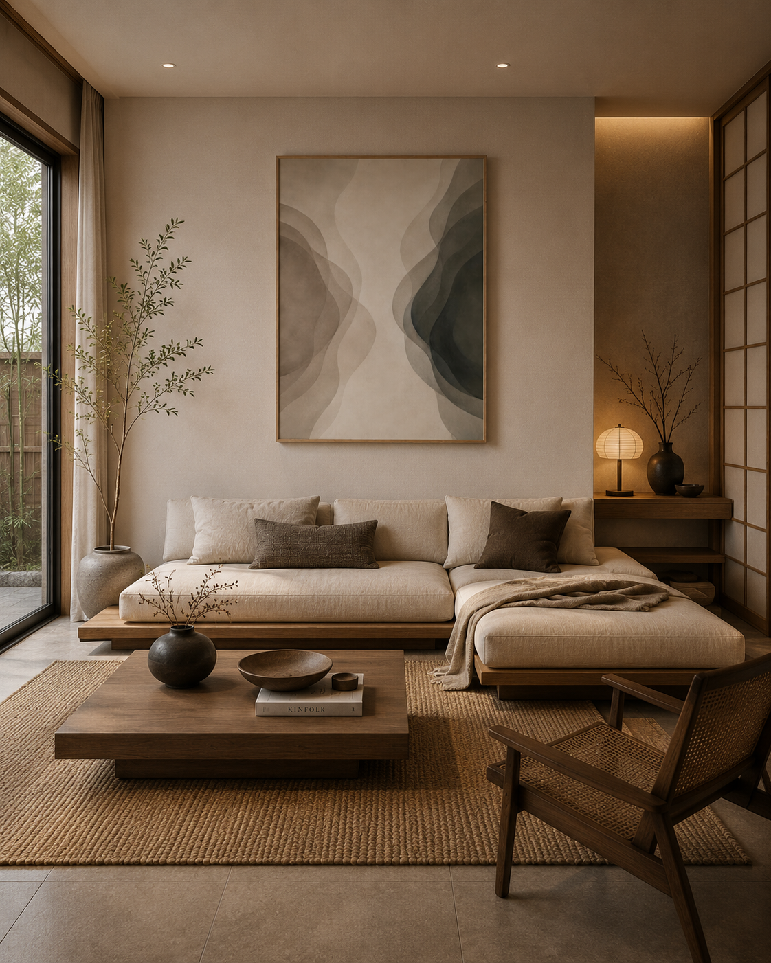 Neutral abstract poster displayed above a sofa in a modern Japandi style living room.
