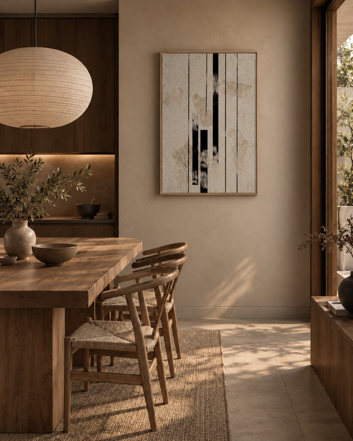 Modern black and beige line art styled in a minimalist dining room
