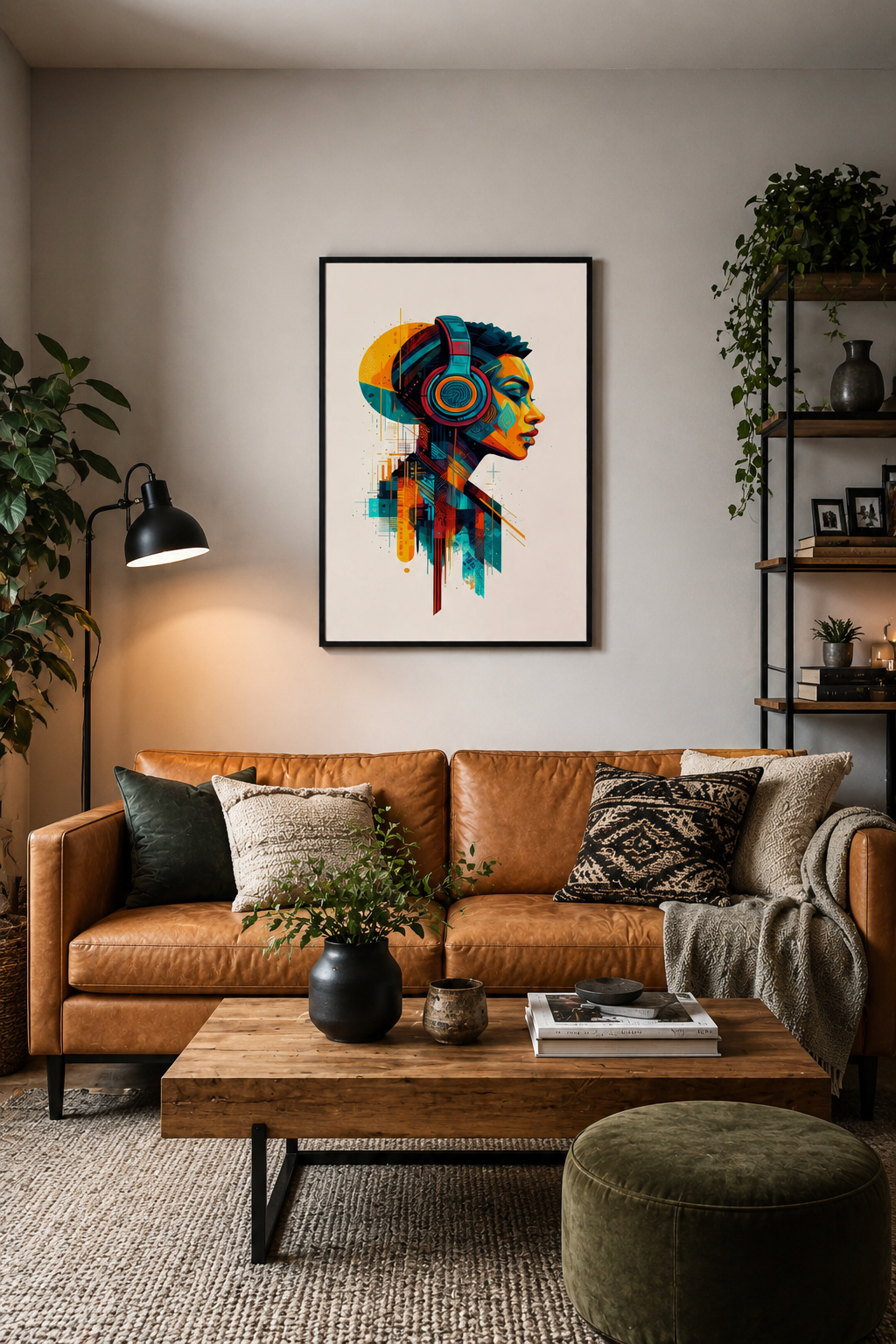 Modern living room with beige sofa, wooden coffee table and colorful headphones wall art poster in a black frame.