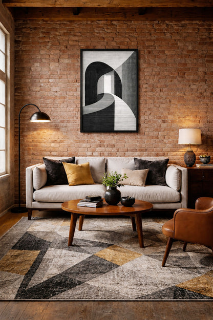 Black and white abstract wall art poster in a realistic black wooden frame displayed above a beige sofa in a cozy industrial living room with exposed brick walls and warm lighting.