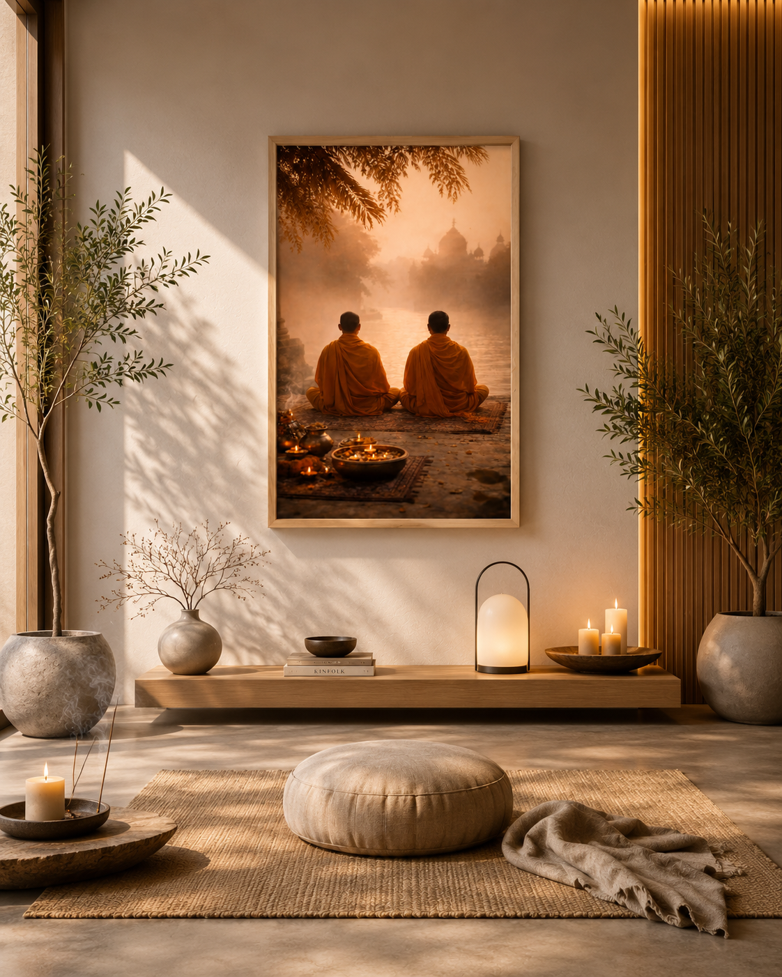 Modern meditation space with monk wall art poster in a light wood frame, floor cushion seating and calming neutral decor.