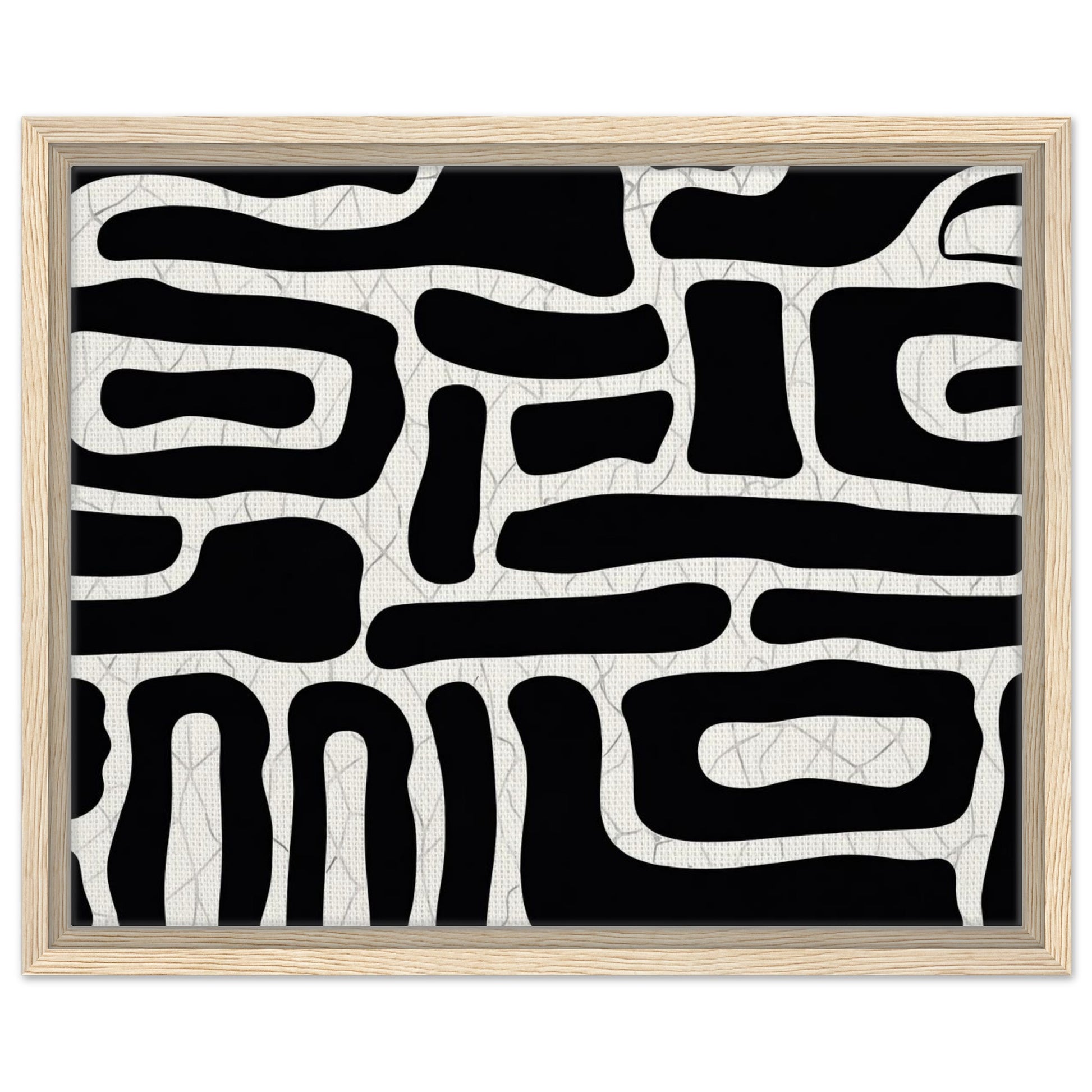Modern monochrome abstract artwork with graphic black shapes in natural wood frame