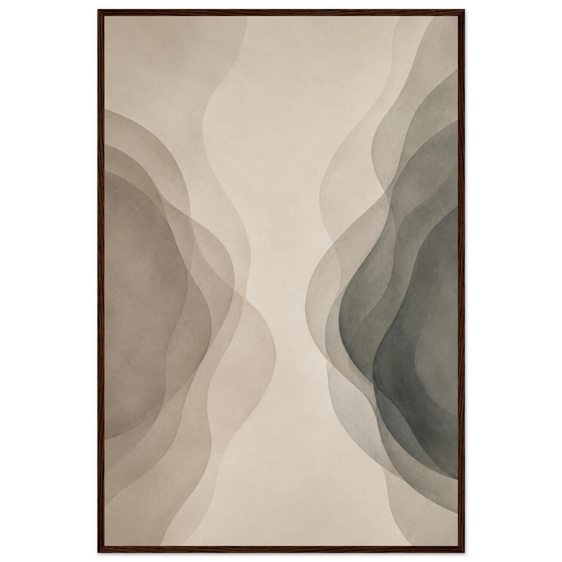 Abstract neutral poster with flowing beige and gray forms displayed in a black frame.