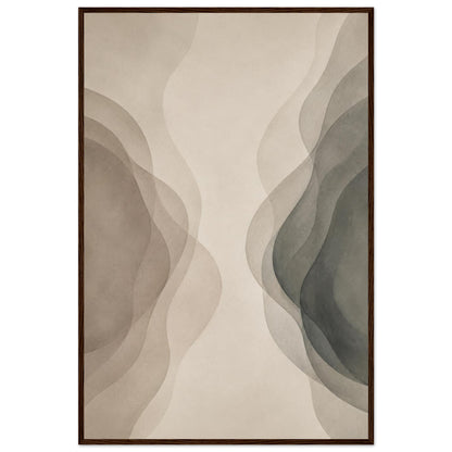 Abstract neutral poster with flowing beige and gray forms displayed in a black frame.