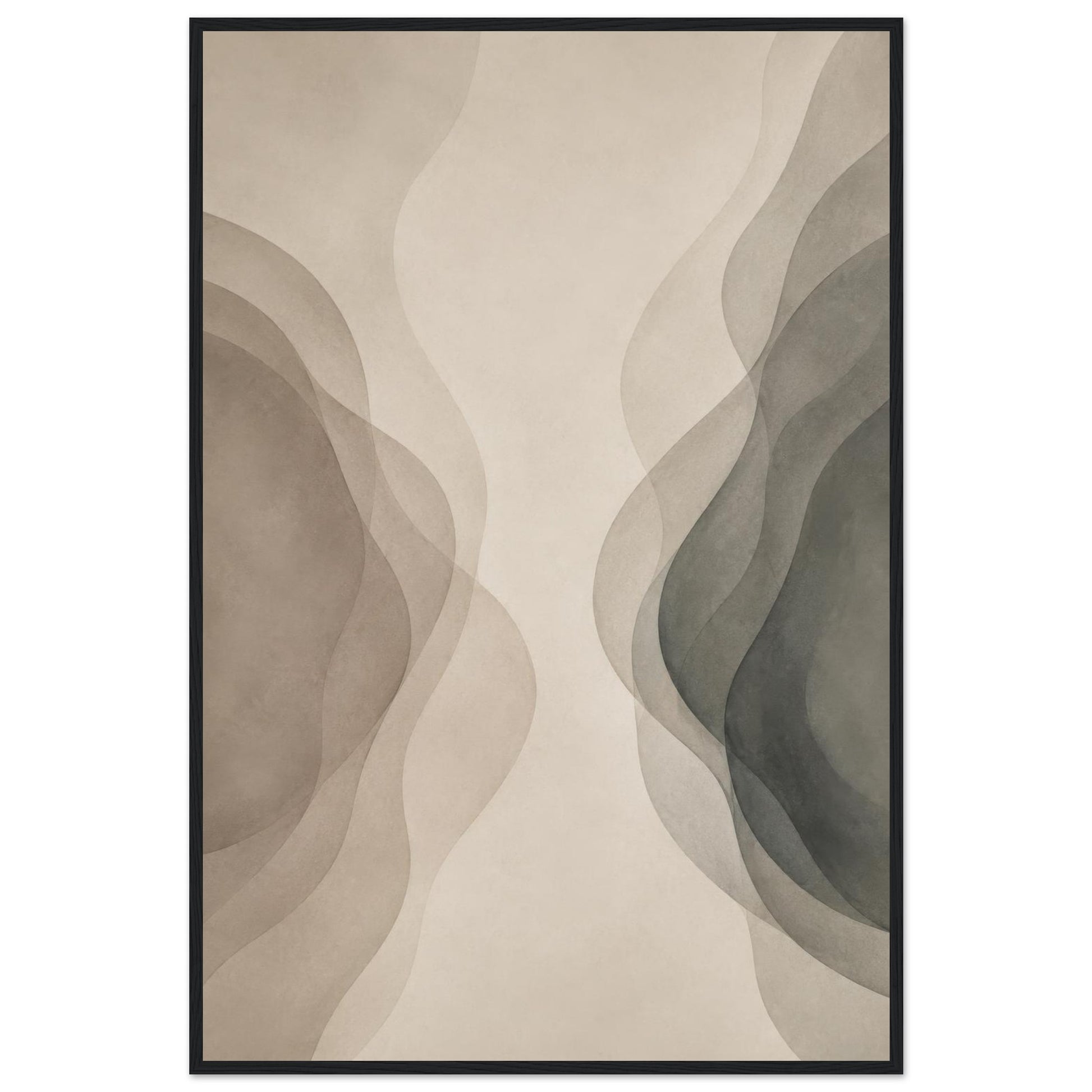 Minimalist abstract wall art poster in a dark wood frame featuring soft neutral tones.